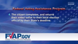 44.. TThhee cciittiizzeenn ccoommpplleetteess,, aanndd rreettuurrnnss 
tthheeiirr vvootteedd bbaalllloott ttoo tthheeiirr llooccaall eelleeccttiioonn 
ooffffiicciiaall bbyy tthheeiirr SSttaattee''ss ddeeaaddlliinnee.. 
 