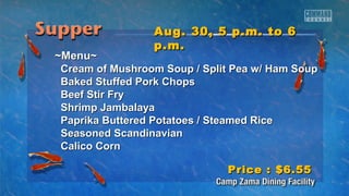 AAuugg.. 3300,, 55 pp..mm.. ttoo 66 
pp..mm.. 
~~MMeennuu~~ 
CCrreeaamm ooff MMuusshhrroooomm SSoouupp // SSpplliitt PPeeaa ww// HHaamm SSoouupp 
BBaakkeedd SSttuuffffeedd PPoorrkk CChhooppss 
BBeeeeff SSttiirr FFrryy 
SShhrriimmpp JJaammbbaallaayyaa 
PPaapprriikkaa BBuutttteerreedd PPoottaattooeess // SStteeaammeedd RRiiccee 
SSeeaassoonneedd SSccaannddiinnaavviiaann 
CCaalliiccoo CCoorrnn 
PPrriiccee :: $$66..5555 
 