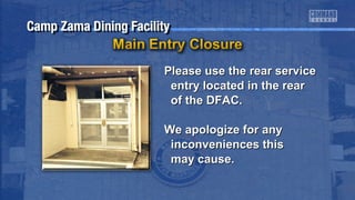 Please use tthhee rreeaarr sseerrvviiccee 
eennttrryy llooccaatteedd iinn tthhee rreeaarr 
ooff tthhee DDFFAACC.. 
WWee aappoollooggiizzee ffoorr aannyy 
iinnccoonnvveenniieenncceess tthhiiss 
mmaayy ccaauussee.. 
 