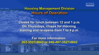Closes for lunch between 1122 aanndd 11 pp..mm.. 
OOnn TThhuurrssddaayyss,, cclloosseess ffoorr mmoorrnniinngg 
ttrraaiinniinngg aanndd rree--ooppeennss ffrroomm 11 ttoo 44 pp..mm.. 
FFoorr mmoorree iinnffoorrmmaattiioonn:: 
226633--33552277//44884433 oorr 004466--440077--33552277//44884433 
 