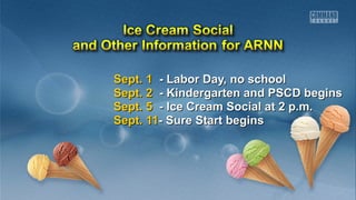 SSeepptt.. 11 -- LLaabboorr DDaayy,, nnoo sscchhooooll 
SSeepptt.. 22 -- KKiinnddeerrggaarrtteenn aanndd PPSSCCDD bbeeggiinnss 
SSeepptt.. 55 -- IIccee CCrreeaamm SSoocciiaall aatt 22 pp..mm.. 
SSeepptt.. 1111-- SSuurree SSttaarrtt bbeeggiinnss 
 