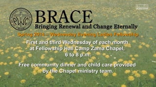 Spring 2014 – Wednesday Evening Ladies Fellowship

First and third Wednesday of each month
at Fellowship Hall Camp Zama Chapel,
6 to 8 p.m.
Free community dinner and child care provided
by the Chapel ministry team.

 
