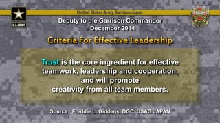 Trust is the core ingredient for effective
teamwork, leadership and cooperation,
and will promote
creativity from all team members.
Deputy to the Garrison Commander
1 December 2014
Source: Freddie L. Giddens, DGC, USAG JAPAN
 