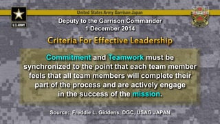 Commitment and Teamwork must be
synchronized to the point that each team member
feels that all team members will complete their
part of the process and are actively engage
in the success of the mission.
Deputy to the Garrison Commander
1 December 2014
Source: Freddie L. Giddens, DGC, USAG JAPAN
 