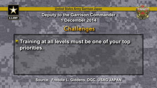 Training at all levels must be one of your top
priorities.
Deputy to the Garrison Commander
1 December 2014
Source: Freddie L. Giddens, DGC, USAG JAPAN
 