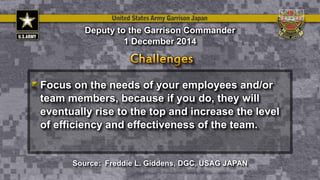 Focus on the needs of your employees and/or
team members, because if you do, they will
eventually rise to the top and increase the level
of efficiency and effectiveness of the team.
Deputy to the Garrison Commander
1 December 2014
Source: Freddie L. Giddens, DGC, USAG JAPAN
 