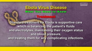 Treatment
ƒƒ
Standard treatment for Ebola is supportive care
which is balancing the patient’s fluids
and electrolytes, maintaining their oxygen status
and blood pressure,
and treating them for any complicating infections.
Ebola Virus Disease
W h a t Yo u N e e d t o K n o w
 