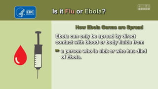 Is it Flu or Ebola?
How Ebola Germs are Spread
Ebola can only be spread by direct
contact with blood or body fluids from
a person who is sick or who has died
of Ebola.
 