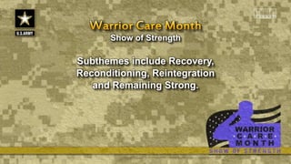 Show of Strength
Subthemes include Recovery,
Reconditioning, Reintegration
and Remaining Strong.
 