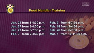 Jan. 21 from 3-4:30 p.m.
Jan. 27 from 3-4:30 p.m.
Jan. 27 from 6-7:30 p.m.
Feb. 7 from 2-3:30 p.m.
Feb. 9 from 6-7:30 p.m.
Feb. 18 from 3-4:30 p.m.
Feb. 26 from 6-7:30 p.m.
Mar. 7 from 10-11:30 a.m.
 