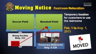 Restroom RelocationRestroom Relocation
Temporary locationTemporary location
for customers to usefor customers to use
the restroomsthe restrooms
Feb. 1 toFeb. 1 to
 