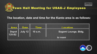 The location, date and time for the Kanto area is as follows:
Area Date Time LocationArea Date Time Location
DepotDepot July 12 10 a.m.July 12 10 a.m. Sagami Lounge, Bldg.Sagami Lounge, Bldg.
135-S2135-S2
to noonto noon
Town Hall Meeting for USAG-J Employees
 