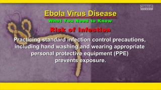 Risk of InfectionRisk of Infection
ƒƒƒƒ
Practicing standard infection control precautions,Practicing standard infection control precautions,
including hand washing and wearing appropriateincluding hand washing and wearing appropriate
personal protective equipment (PPE)personal protective equipment (PPE)
prevents exposure.prevents exposure.
Ebola Virus DiseaseEbola Virus Disease
What You Need to KnowWhat You Need to Know
 