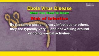 Risk of InfectionRisk of Infection
ƒƒƒƒ
By the time a person is very infectious to others,By the time a person is very infectious to others,
they are typically very ill and not walking aroundthey are typically very ill and not walking around
or doing normal activities.or doing normal activities.
Ebola Virus DiseaseEbola Virus Disease
What You Need to KnowWhat You Need to Know
 