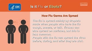 Is itIs it FluFlu oror EbolaEbola??
How Flu Germs Are SpreadHow Flu Germs Are Spread
The flu is spread mainly by dropletsThe flu is spread mainly by droplets
made when people who have the flumade when people who have the flu
cough, sneeze, or talk. Viruses cancough, sneeze, or talk. Viruses can
also spread on surfaces, but this isalso spread on surfaces, but this is
less common.less common.
People with the flu can spread the virusPeople with the flu can spread the virus
before, during, and after they are sick.before, during, and after they are sick.
 