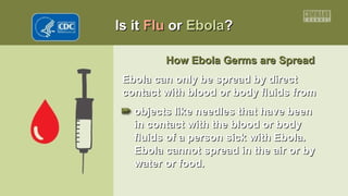 Is itIs it FluFlu oror EbolaEbola??
How Ebola Germs are SpreadHow Ebola Germs are Spread
Ebola can only be spread by directEbola can only be spread by direct
contact with blood or body fluids fromcontact with blood or body fluids from
objects like needles that have beenobjects like needles that have been
in contact with the blood or bodyin contact with the blood or body
fluids of a person sick with Ebola.fluids of a person sick with Ebola.
Ebola cannot spread in the air or byEbola cannot spread in the air or by
water or food.water or food.
 