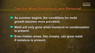 As summer begins, the conditions for moldAs summer begins, the conditions for mold
growth become more prevalent.growth become more prevalent.
Mold will only grow when moisture or condensationMold will only grow when moisture or condensation
is present.is present.
Even hidden areas, like closets, can grow moldEven hidden areas, like closets, can grow mold
if moisture is present.if moisture is present.
 