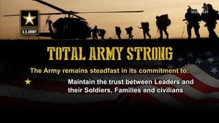 The Army remains steadfast in its commitment to:
Maintain the trust between Leaders and
their Soldiers, Families and civilians
 