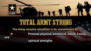 The Army remains steadfast in its commitment to:
Promote physical, emotional, social, Family
and
spiritual strengths
 