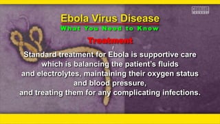 Treatment
ƒƒ
Standard treatment for Ebola is supportive care
which is balancing the patient’s fluids
and electrolytes, maintaining their oxygen status
and blood pressure,
and treating them for any complicating infections.
Ebola Virus Disease
W h a t Yo u N e e d t o K n o w
 