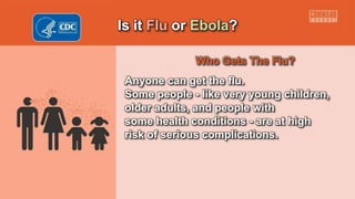 Is it Flu or Ebola?
Who Gets The Flu?
Anyone can get the flu.
Some people - like very young children,
older adults, and people with
some health conditions - are at high
risk of serious complications.
 
