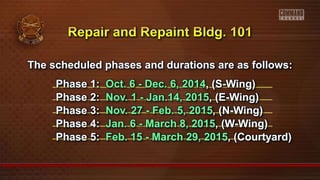 The scheduled phases and durations are as follows:
Phase 1: Oct. 6 - Dec. 6, 2014, (S-Wing)
Phase 2: Nov. 1 - Jan.14, 2015, (E-Wing)
Phase 3: Nov. 27 - Feb. 5, 2015, (N-Wing)
Phase 4: Jan. 6 - March 8, 2015, (W-Wing)
Phase 5: Feb. 15 - March 29, 2015, (Courtyard)
 