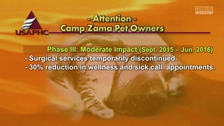 Phase III: Moderate Impact (Sept. 2015 – Jun. 2016)
- Surgical services temporarily discontinued.
- 30% reduction in wellness and sick call appointments.
 