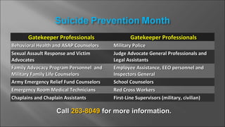 Gatekeeper Professionals
Behavioral Health and ASAP Counselors
Sexual Assault Response and Victim
Advocates
Family Advocacy Program Personnel and
Military Family Life Counselors
Army Emergency Relief Fund Counselors
Emergency Room Medical Technicians
Chaplains and Chaplain Assistants

Gatekeeper Professionals
Military Police
Judge Advocate General Professionals and
Legal Assistants
Employee Assistance, EEO personnel and
Inspectors General
School Counselors
Red Cross Workers
First-Line Supervisors (military, civilian)

Call 263-8049 for more information.

 