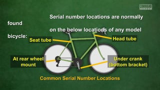Serial number locations are normally
found
on the below locations of any model
bicycle:

Seat tube

At rear wheel
mount

Head tube

Under crank
(bottom bracket)

Common Serial Number Locations

 