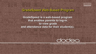 GradeSpeed is a web-based programGradeSpeed is a web-based program
that enables parents to log-inthat enables parents to log-in
to view gradeto view grade
and attendance data for their student(s).and attendance data for their student(s).
 