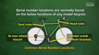 Serial number locations are normally foundSerial number locations are normally found
on the below locations of any model bicycle:on the below locations of any model bicycle:
Head tubeHead tubeSeat tubeSeat tube
At rear wheelAt rear wheel
mountmount
Under crankUnder crank
(bottom bracket)(bottom bracket)
Common Serial Number LocationsCommon Serial Number Locations
 