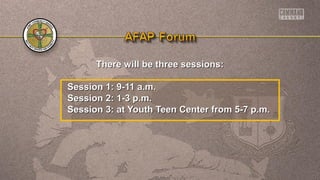 There will be three sessions:There will be three sessions:
Session 1: 9-11 a.m.Session 1: 9-11 a.m.
Session 2: 1-3 p.m.Session 2: 1-3 p.m.
Session 3: at Youth Teen Center from 5-7 p.m.Session 3: at Youth Teen Center from 5-7 p.m.
 