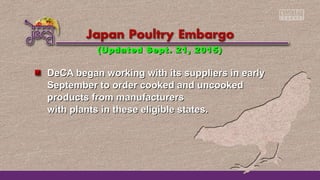 DeCA began working with its suppliers in earlyDeCA began working with its suppliers in early
September to order cooked and uncookedSeptember to order cooked and uncooked
products from manufacturersproducts from manufacturers
with plants in these eligible states.with plants in these eligible states.
(Updated Sept. 21, 2015)(Updated Sept. 21, 2015)
 