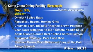 Sep. 28,Sep. 28,
20132013
Price :Price :
$6.45$6.45
~Menu~~Menu~
Bean Soup with Ham Hocks / Tomato Noodle SoupBean Soup with Ham Hocks / Tomato Noodle Soup
Fried Chicken / Baked ChickenFried Chicken / Baked Chicken
BBQ Spare RibsBBQ Spare Ribs
Hopping JohnHopping John
Oven Roasted PotatoesOven Roasted Potatoes
Seasoned OkraSeasoned Okra
Chinese Mixed VegetablesChinese Mixed Vegetables
5 p.m. to 6 p.m5 p.m. to 6 p.m ..
 