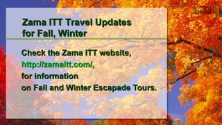 Check the Zama ITT website,Check the Zama ITT website,
http://zamaitt.com/,http://zamaitt.com/,
for informationfor information
on Fall and Winter Escapade Tours.on Fall and Winter Escapade Tours.
Zama ITT Travel UpdatesZama ITT Travel Updates
for Fall, Winterfor Fall, Winter
 
