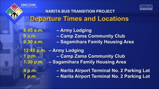 NARITA BUS TRANSITION PROJECTNARITA BUS TRANSITION PROJECT
Departure Times and LocationsDeparture Times and Locations
8:45 a.m.8:45 a.m. – Army Lodging– Army Lodging
9 a.m.9 a.m. – Camp Zama Community Club– Camp Zama Community Club
9:30 a.m.9:30 a.m. – Sagamihara Family Housing Area– Sagamihara Family Housing Area
12:45 p.m.12:45 p.m. – Army Lodging– Army Lodging
1 p.m.1 p.m. – Camp Zama Community Club– Camp Zama Community Club
1:30 p.m.1:30 p.m. – Sagamihara Family Housing Area– Sagamihara Family Housing Area
4 p.m.4 p.m. – Narita Airport Terminal No. 2 Parking Lot– Narita Airport Terminal No. 2 Parking Lot
7 p.m.7 p.m. – Narita Airport Terminal No. 2 Parking Lot– Narita Airport Terminal No. 2 Parking Lot
 