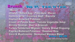 Sep. 27, 99 aa..mm.. ttoo 11 pp..mm.. 
~~MMeennuu~~ 
OOmmeelleett // Booiilleedd EEgggg // PPaannccaakkeess // Baaccoonn 
HHoommiinnyy GGrriittss // CCrreeaammeedd Beeeeff // Biissccuuiittss 
HHaasshheedd Brroowwnneedd PPoottaattooeess 
CCrreeaamm ooff PPoottaattoo SSoouupp // TToommaattoo VVeeggeettaabbllee SSoouupp 
SShhrriimmpp SSccaammppii // Beeeeff && Brrooccccoollii 
TTuurrkkeeyy TTeennddeerrllooiinn MMiiggnnoonn // SSaavvoorryy Brreeaadd DDrreessssiinngg 
PPaapprriikkaa Buutttteerreedd PPoottaattooeess // SStteeaammeedd RRiiccee 
CCoorrnn && MMuusshhrroooommss // SSeeaassoonneedd MMoonnaaccoo Blleenndd 
PPrriiccee :: $$55..3355 
 