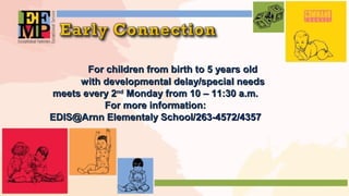 For children ffrroomm bbiirrtthh ttoo 55 yyeeaarrss oolldd 
wwiitthh ddeevveellooppmmeennttaall ddeellaayy//ssppeecciiaall nneeeeddss 
mmeeeettss eevveerryy 22nndd MMoonnddaayy ffrroomm 1100 –– 1111::3300 aa..mm.. 
FFoorr mmoorree iinnffoorrmmaattiioonn:: 
EEDDIISS@@AArrnnnn EElleemmeennttaallyy SScchhooooll//226633--44557722//44335577 
 