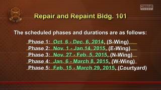The scheduled phases and durations aarree aass ffoolllloowwss:: 
PPhhaassee 11:: OOcctt.. 66 -- DDeecc.. 66,, 22001144,, ((SS--WWiinngg)) 
PPhhaassee 22:: NNoovv.. 11 -- JJaann..1144,, 22001155,, ((EE--WWiinngg)) 
PPhhaassee 33:: NNoovv.. 2277 -- FFeebb.. 55,, 22001155,, ((NN--WWiinngg)) 
PPhhaassee 44:: JJaann.. 66 -- MMaarrcchh 88,, 22001155,, ((WW--WWiinngg)) 
PPhhaassee 55:: FFeebb.. 1155 -- MMaarrcchh 2299,, 22001155,, ((CCoouurrttyyaarrdd)) 
 
