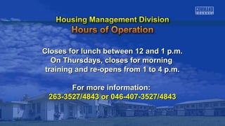 Closes for lunch between 1122 aanndd 11 pp..mm.. 
OOnn TThhuurrssddaayyss,, cclloosseess ffoorr mmoorrnniinngg 
ttrraaiinniinngg aanndd rree--ooppeennss ffrroomm 11 ttoo 44 pp..mm.. 
FFoorr mmoorree iinnffoorrmmaattiioonn:: 
226633--33552277//44884433 oorr 004466--440077--33552277//44884433 
 