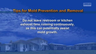 Do not leave rreessttrroooomm oorr kkiittcchheenn 
eexxhhaauusstt ffaannss rruunnnniinngg ccoonnttiinnuuoouussllyy,, 
aass tthhiiss ccaann ppootteennttiiaallllyy aassssiisstt 
mmoolldd ggrroowwtthh.. 
 