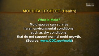WWhhaatt iiss MMoolldd?? 
Mold ssppoorreess ccaann ssuurrvviivvee 
hhaarrsshh eennvviirroonnmmeennttaall ccoonnddiittiioonnss,, 
ssuucchh aass ddrryy ccoonnddiittiioonnss,, 
tthhaatt ddoo nnoott ssuuppppoorrtt nnoorrmmaall mmoolldd ggrroowwtthh.. 
((SSoouurrccee:: wwwwww..CCDDCC..ggoovv//mmoolldd)) 
 