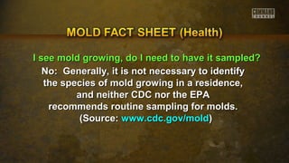 II sseeee mmoolldd ggrroowwiinngg,, ddoo II nneeeedd ttoo hhaavvee iitt ssaammpplleedd?? 
No: Generally, it is not necessary ttoo iiddeennttiiffyy 
tthhee ssppeecciieess ooff mmoolldd ggrroowwiinngg iinn aa rreessiiddeennccee,, 
aanndd nneeiitthheerr CCDDCC nnoorr tthhee EEPPAA 
rreeccoommmmeennddss rroouuttiinnee ssaammpplliinngg ffoorr mmoollddss.. 
((SSoouurrccee:: wwwwww..ccddcc..ggoovv//mmoolldd)) 
 