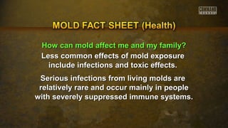 HHooww ccaann mmoolldd aaffffeecctt mmee aanndd mmyy ffaammiillyy?? 
Less common effects ooff mmoolldd eexxppoossuurree 
iinncclluuddee iinnffeeccttiioonnss aanndd ttooxxiicc eeffffeeccttss.. 
SSeerriioouuss iinnffeeccttiioonnss ffrroomm lliivviinngg mmoollddss aarree 
rreellaattiivveellyy rraarree aanndd ooccccuurr mmaaiinnllyy iinn ppeeooppllee 
wwiitthh sseevveerreellyy ssuupppprreesssseedd iimmmmuunnee ssyysstteemmss.. 
 