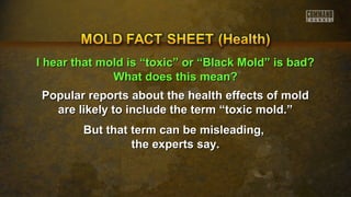 II hheeaarr tthhaatt mmoolldd iiss ““ttooxxiicc”” oorr ““BBllaacckk MMoolldd”” iiss bbaadd?? 
WWhhaatt ddooeess tthhiiss mmeeaann?? 
Popular reports about the hheeaalltthh eeffffeeccttss ooff mmoolldd 
aarree lliikkeellyy ttoo iinncclluuddee tthhee tteerrmm ““ttooxxiicc mmoolldd..”” 
BBuutt tthhaatt tteerrmm ccaann bbee mmiisslleeaaddiinngg,, 
tthhee eexxppeerrttss ssaayy.. 
 