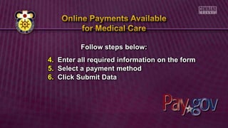 Follow steps below:
4. Enter all required information on the form
5. Select a payment method
6. Click Submit Data
 