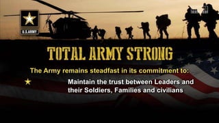 The Army remains steadfast in its commitment to:
Maintain the trust between Leaders and
their Soldiers, Families and civilians
 