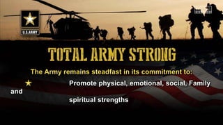 The Army remains steadfast in its commitment to:
Promote physical, emotional, social, Family
and
spiritual strengths
 