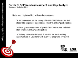  We are delivering quality training that meets the needs of local and state-level emergency management personnel, including parish executives