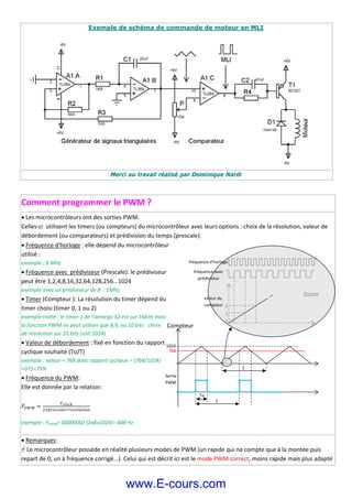 Exemple de schéma de commande de moteur en MLI
Merci au travail réalisé par Dominique Nardi
 
Comment programmer le PWM ? 
 Les microcontrôleurs ont des sorties PWM. 
Celles‐ci  utilisent les timers (ou compteurs) du microcontrôleur avec leurs options : choix de la résolution, valeur de 
débordement (ou comparateurs) et prédivision du temps (prescale). 
 Fréquence d'horloge : elle dépend du microcontrôleur 
utilisé :  
exemple : 8 MHz 
 Fréquence avec  prédiviseur (Prescale): le prédiviseur 
peut être 1,2,4,8,16,32,64,128,256...1024  
exemple avec un prédiviseur de 8  : 1Mhz 
 Timer (Compteur ): La résolution du timer dépend du 
timer choisi (timer 0, 1 ou 2) 
exemple traité : le timer 1 de l'atmega 32 est sur 16bits mais 
la fonction PWM ne peut utiliser que 8,9, ou 10 bits : choix 
de résolution sur 10 bits (soit 1024)   
 Valeur de débordement : fixé en fonction du rapport 
cyclique souhaité (To/T) 
exemple : valeur = 768 donc rapport cyclique = (768/1024) 
=075=75% 
 Fréquence du PWM:  
Elle est donnée par la relation: 
 
                
exemple : FPWM= 8000000/ (2x8x1024)= 488 Hz 
 Remarques:  
 Le microcontrôleur possède en réalité plusieurs modes de PWM (un rapide qui ne compte que à la montée puis 
repart de 0, un à fréquence corrigé...). Celui qui est décrit ici est le mode PWM correct, moins rapide mais plus adapté 
Compteur 
1024
768
T
To
Sortie  
PWM 
T
Zoom 
1
2
3
fréquence d'horloge
fréquence avec 
prédiviseur 
valeur du  
compteur 
www.E-cours.com
 